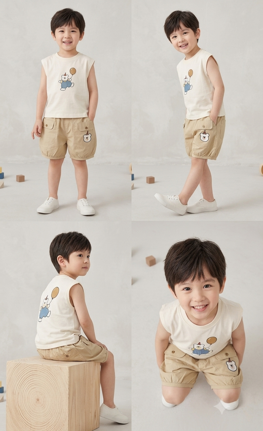 Boys Bear Print Summer Co-ord Set – Sleeveless Tee & Cotton Shorts