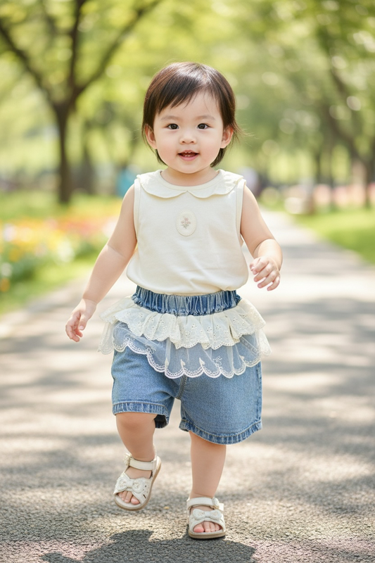 Teddy Tulle Denim Shorts Set