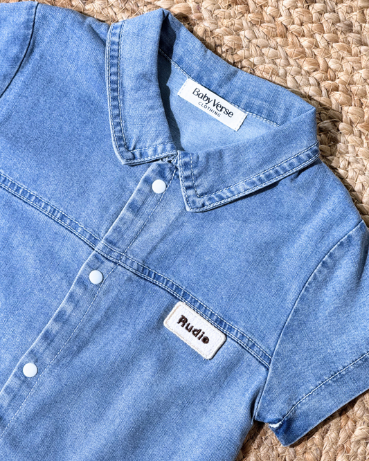Denim Look Cotton Romper – Classic Blue