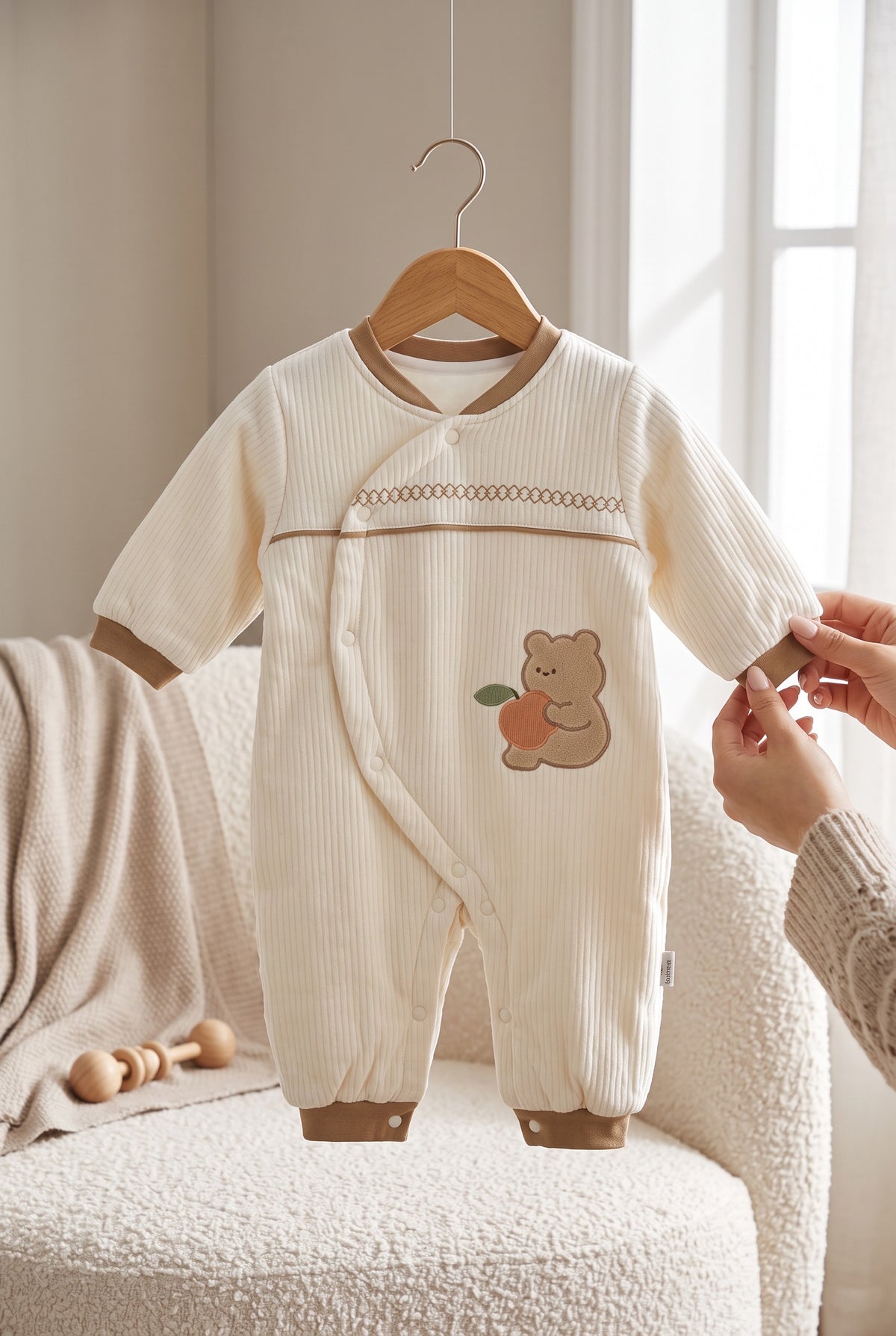 Bear Patch Ribbed Full-Sleeve Baby Winter Romper