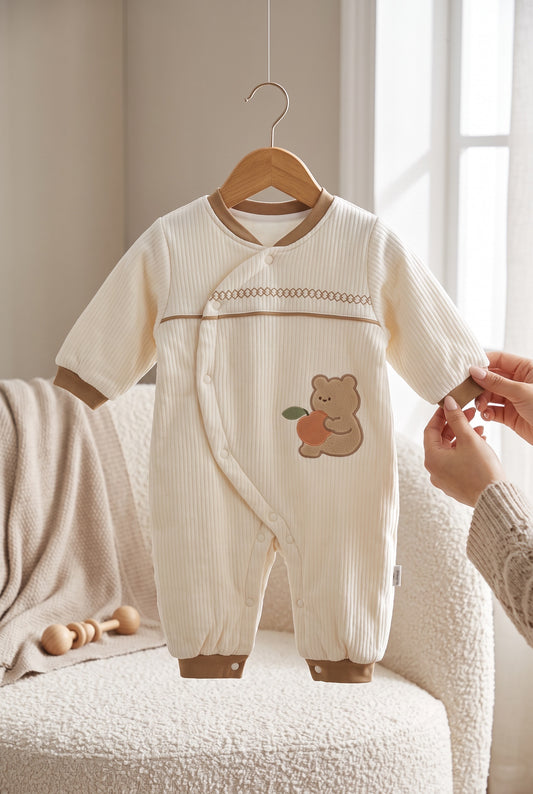 Bear Patch Ribbed Full-Sleeve Baby Winter Romper