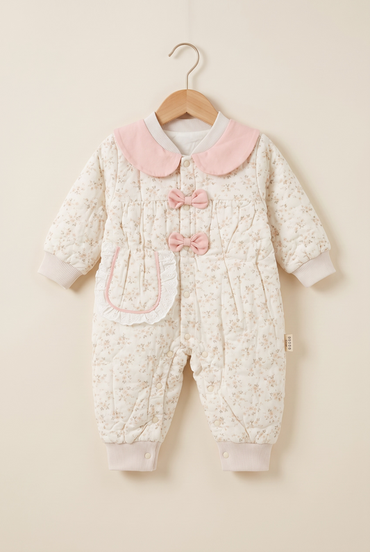 Floral Bow Collar Quilted Baby Winter Romper