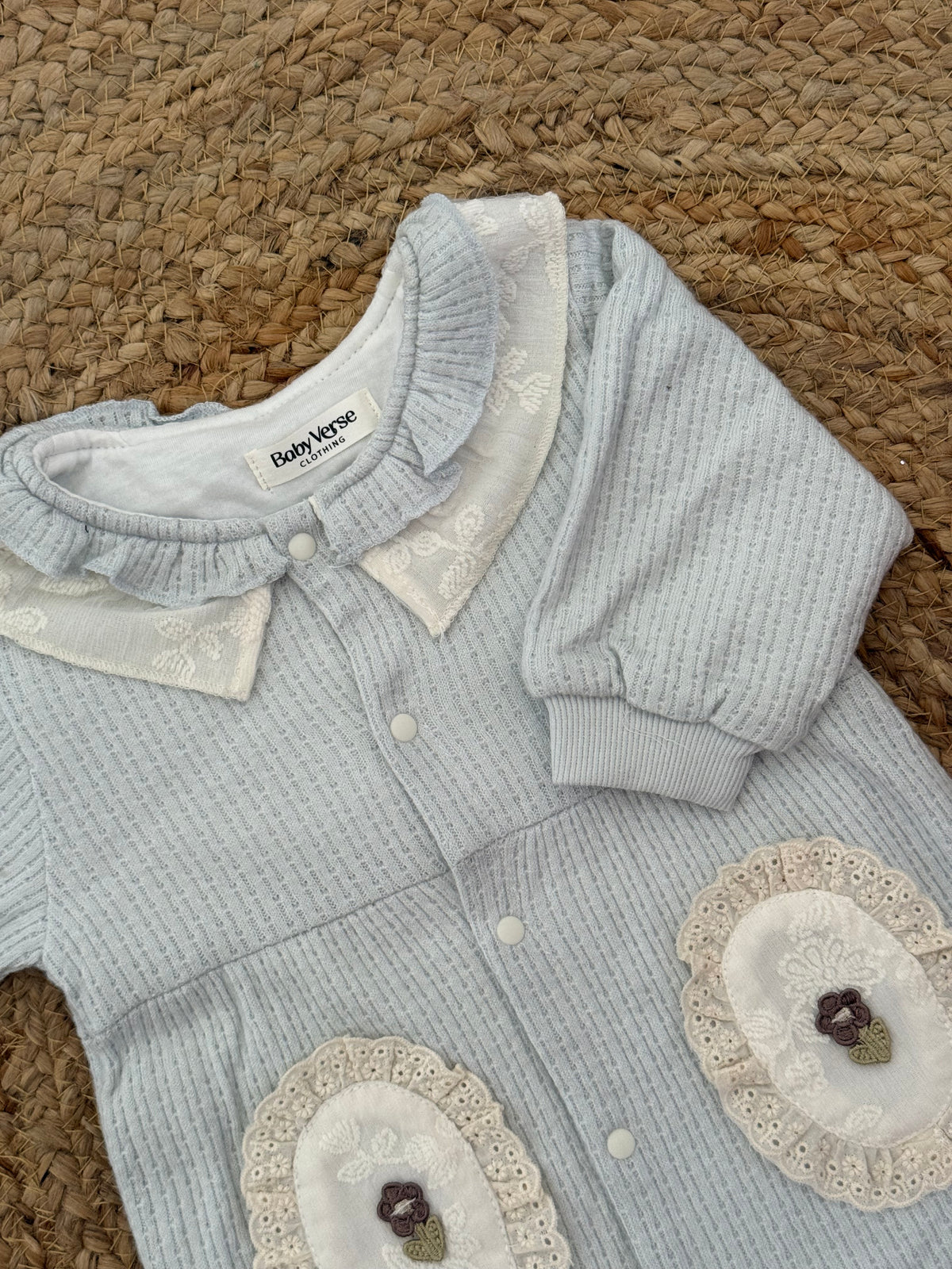 Ribbed Baby Winter Romper with Lace Collar & Floral Pockets