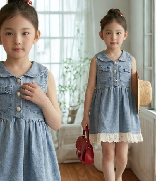 Custom Bow & Lace Denim Dress