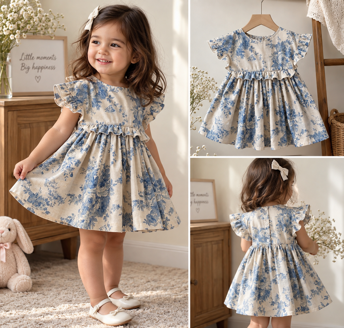 Blue Bloom Vintage Floral Ruffle Dress for Girls