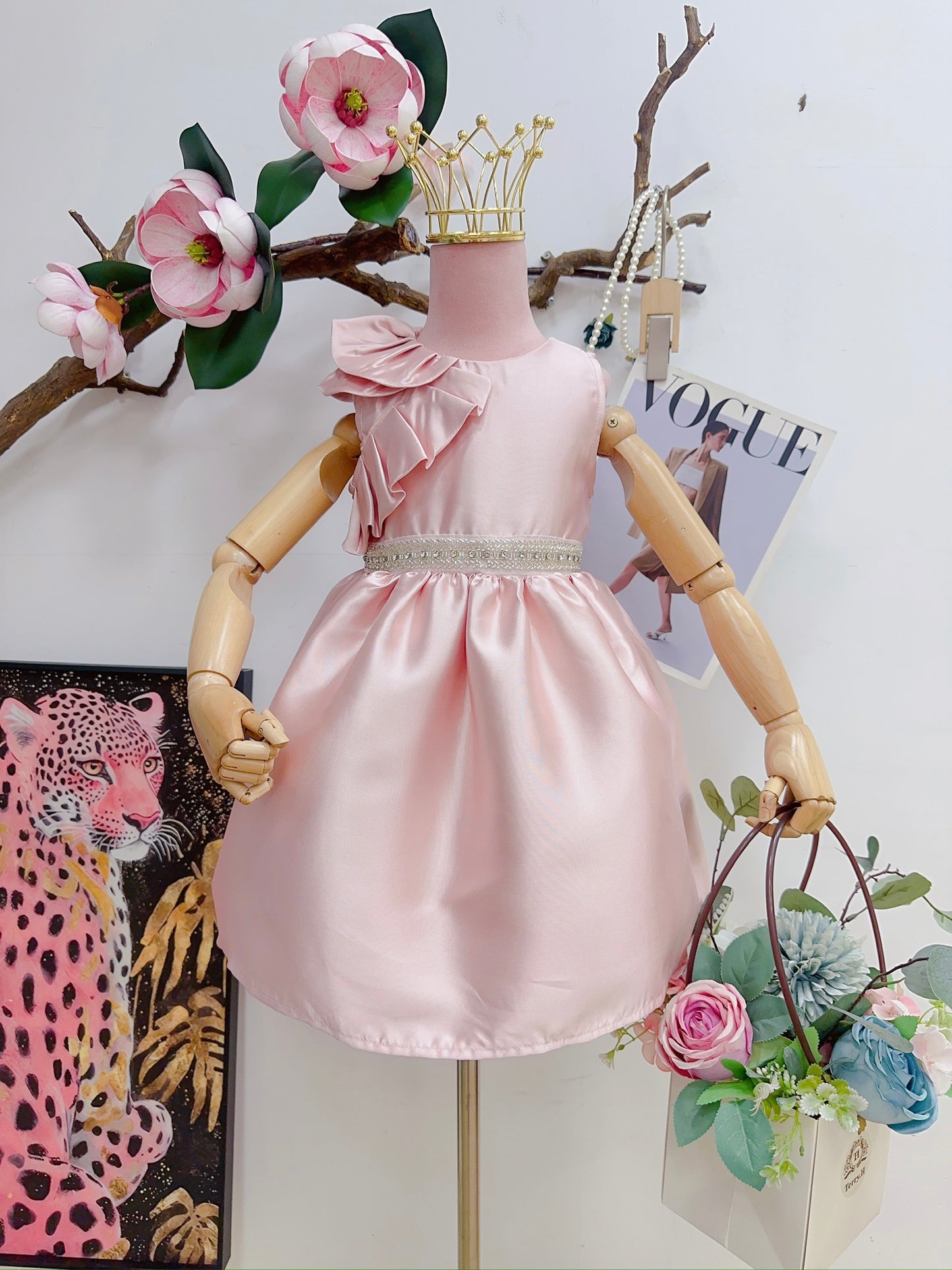 Elegant Satin Princess Party Dress with Floral Ruffle Detail