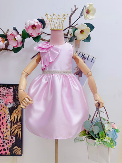 Elegant Satin Princess Party Dress with Floral Ruffle Detail