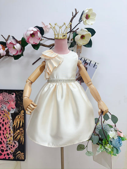 Elegant Satin Princess Party Dress with Floral Ruffle Detail