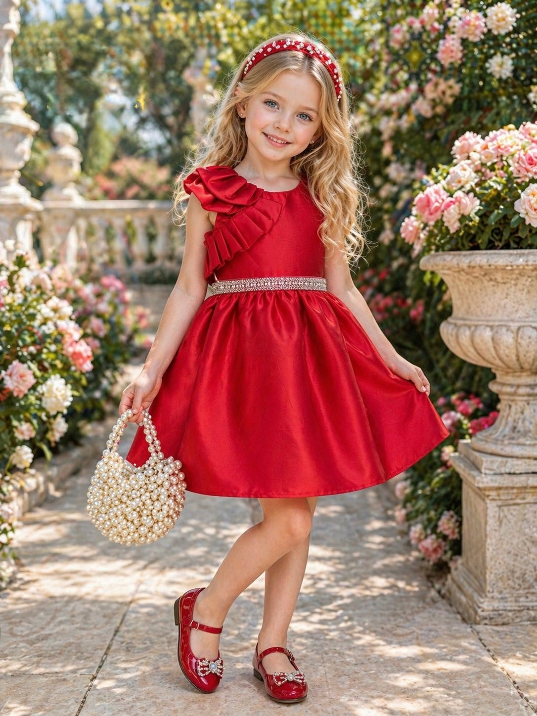 Elegant Satin Princess Party Dress with Floral Ruffle Detail