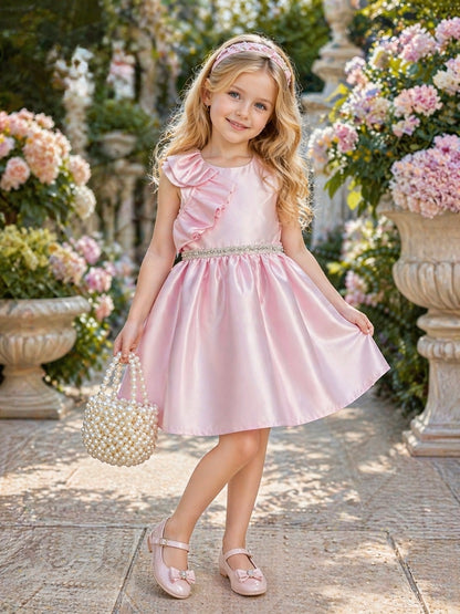 Elegant Satin Princess Party Dress with Floral Ruffle Detail