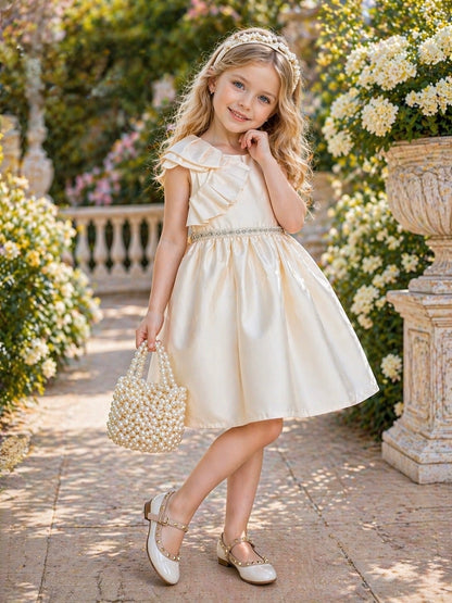Elegant Satin Princess Party Dress with Floral Ruffle Detail