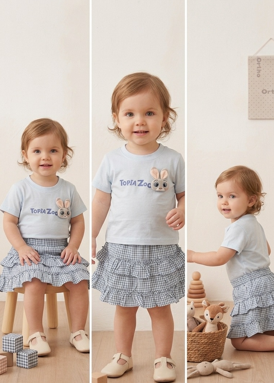 BabyVerse Bunny Charm Plaid Skirt Set