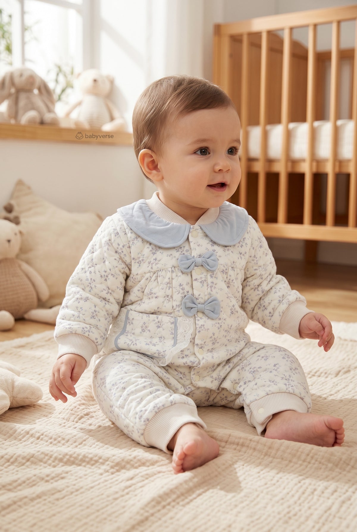 Floral Bow Collar Quilted Baby Winter Romper