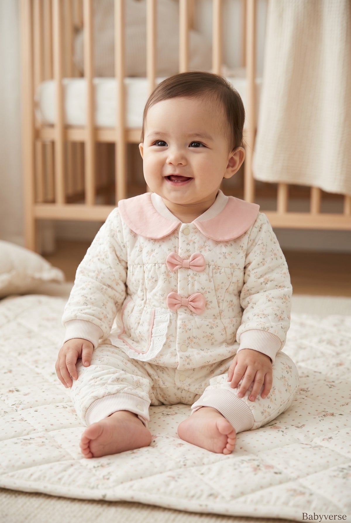 Floral Bow Collar Quilted Baby Winter Romper