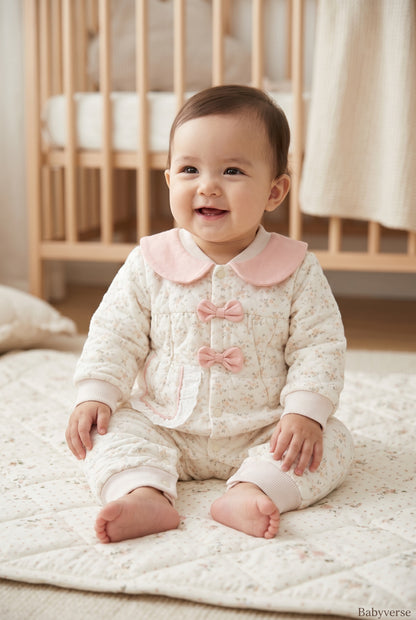 Floral Bow Collar Quilted Baby Winter Romper