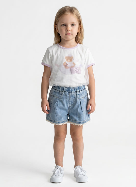 Teddy Tulle Denim Shorts Set