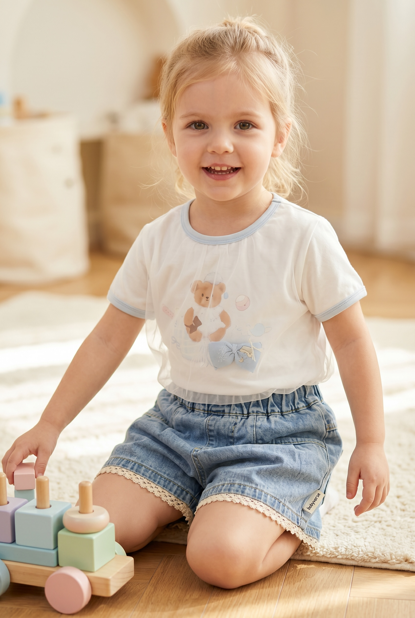 Teddy Tulle Denim Shorts Set