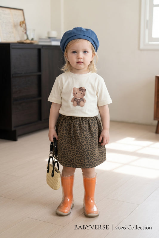 Kitty Print Leopard Skirt Set