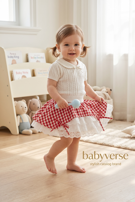 BabyVerse Lace Layer Gingham Skirt Set