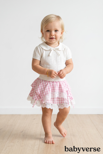 BabyVerse Lace Layer Gingham Skirt Set