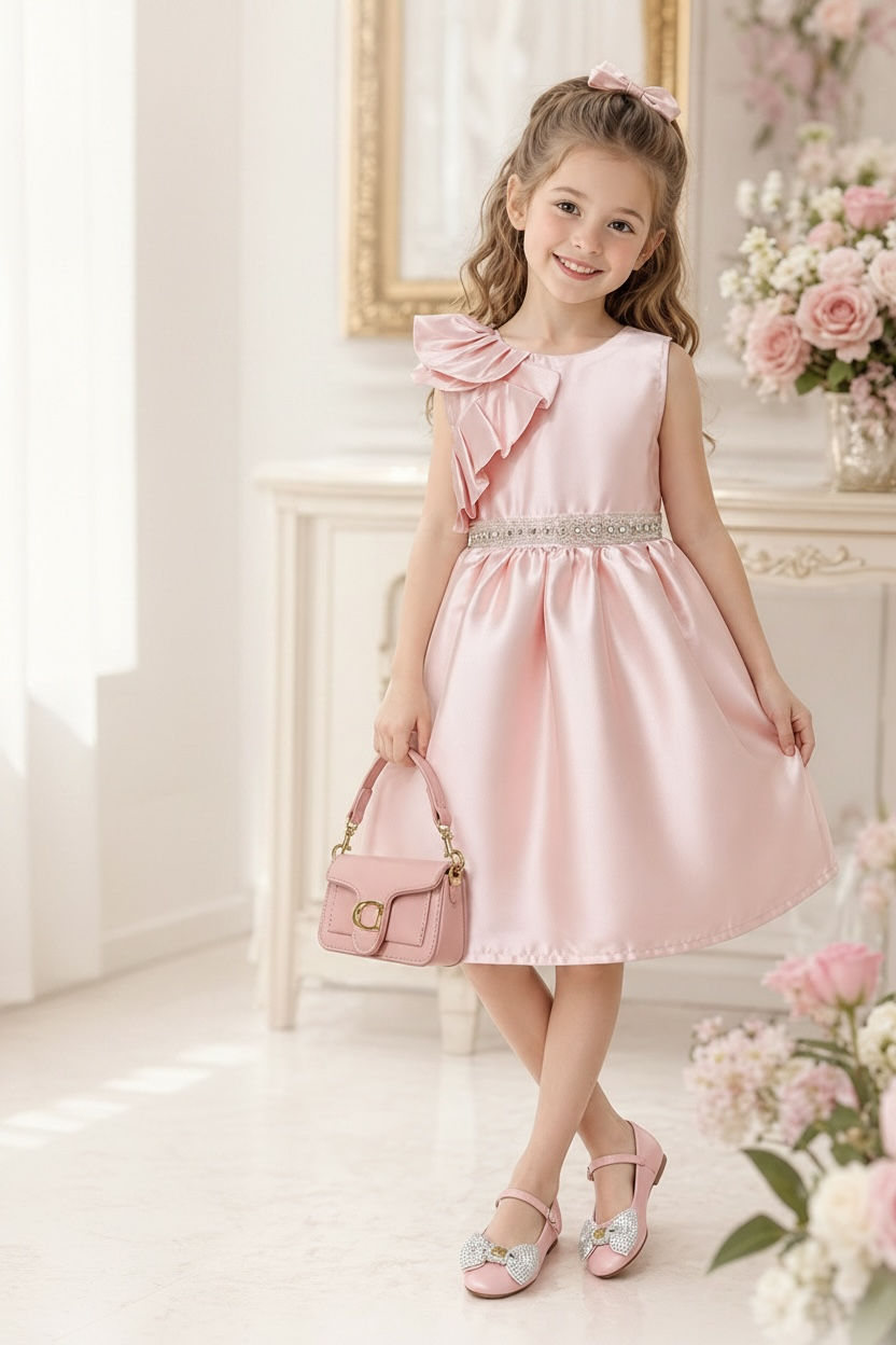 Elegant Satin Princess Party Dress with Floral Ruffle Detail