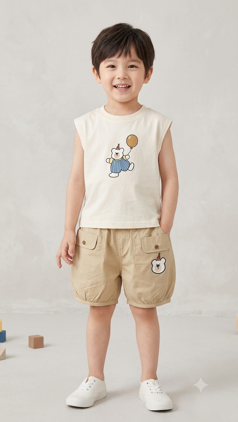 Boys Bear Print Summer Co-ord Set – Sleeveless Tee & Cotton Shorts