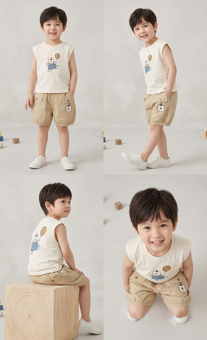 Boys Bear Print Summer Co-ord Set – Sleeveless Tee & Cotton Shorts