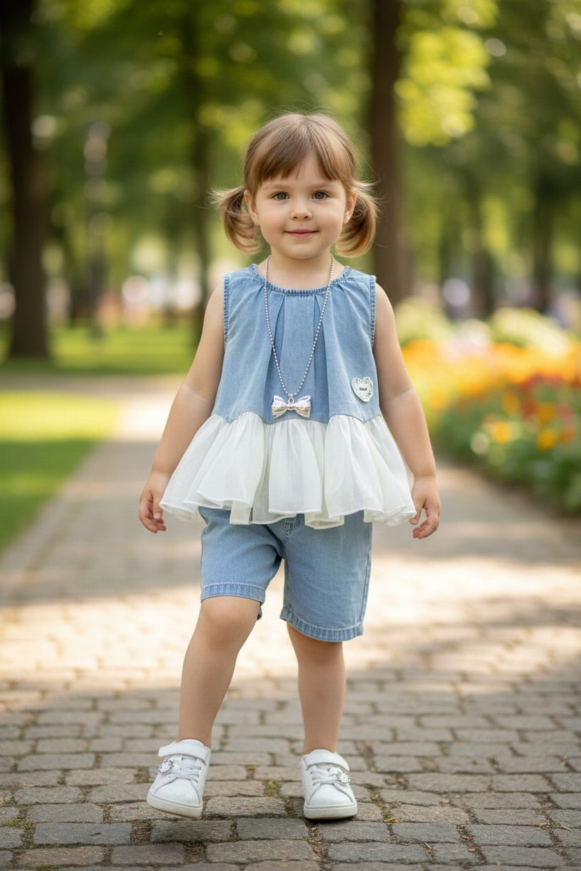 Denim Pearl Tulle Co-Ord Set