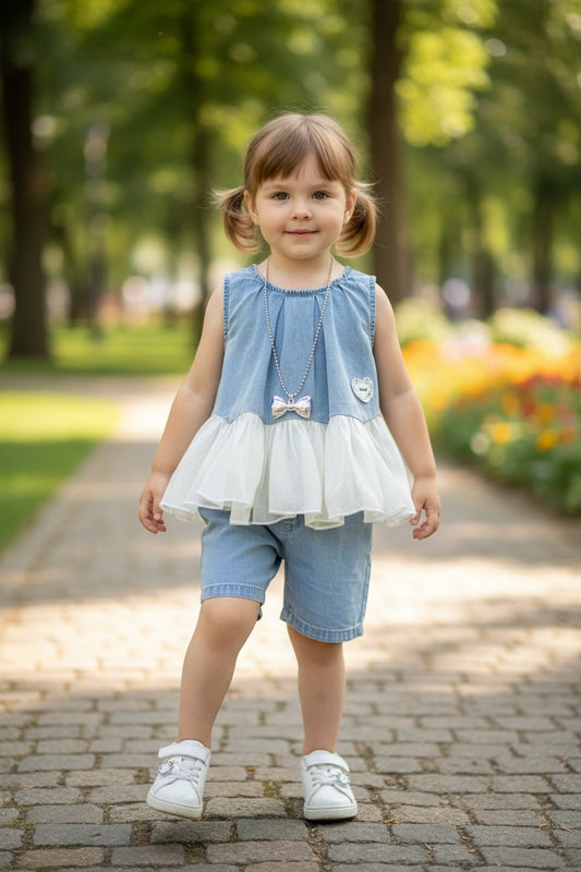 Denim Pearl Tulle Co-Ord Set