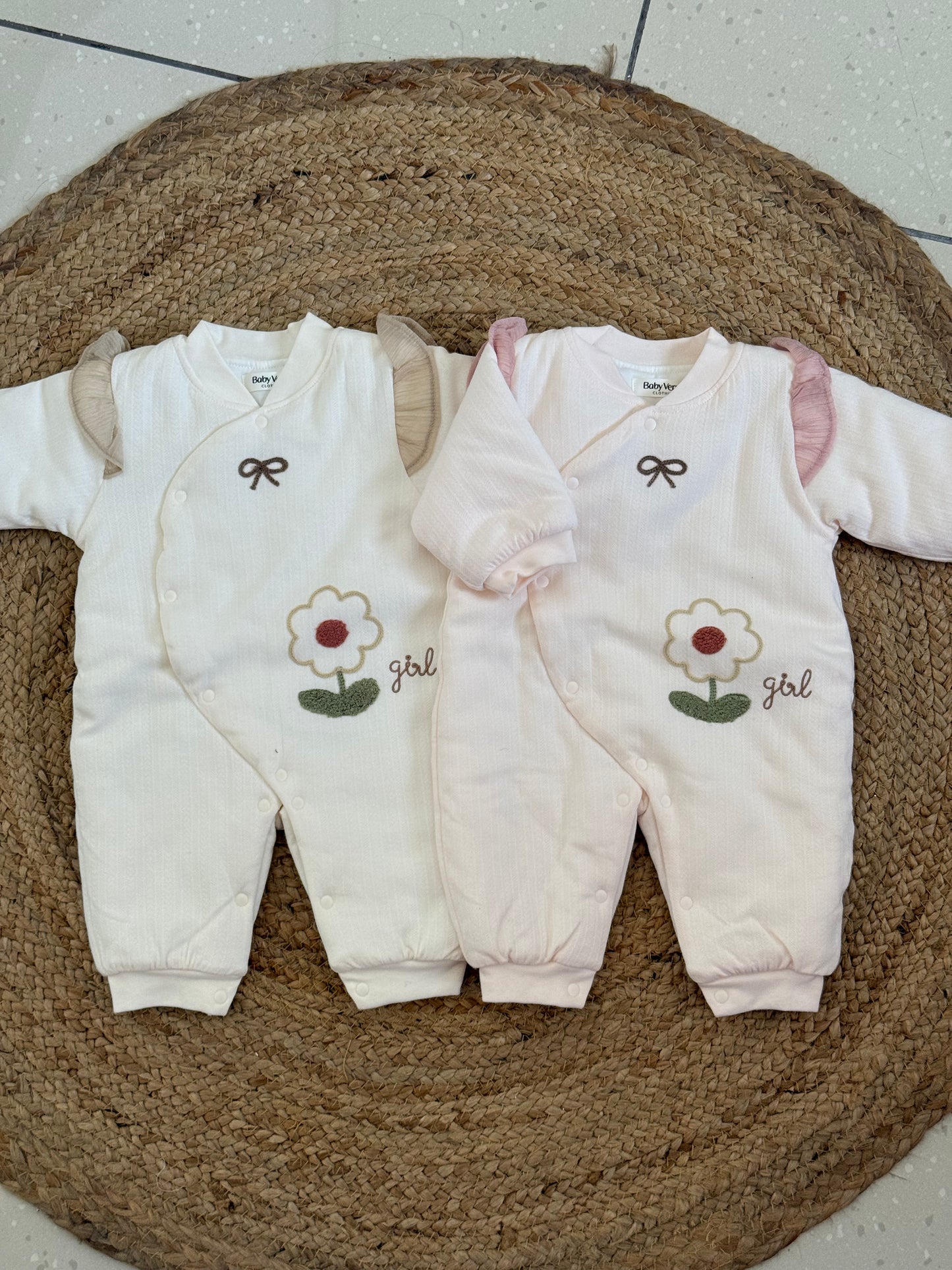 Floral Bow Embroidered Full-Sleeve Baby Winter Romper