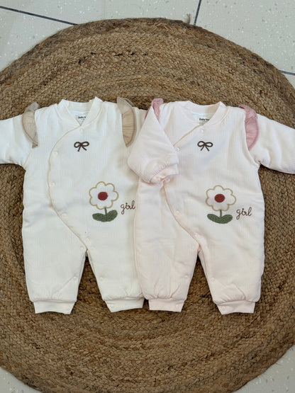 Floral Bow Embroidered Full-Sleeve Baby Winter Romper