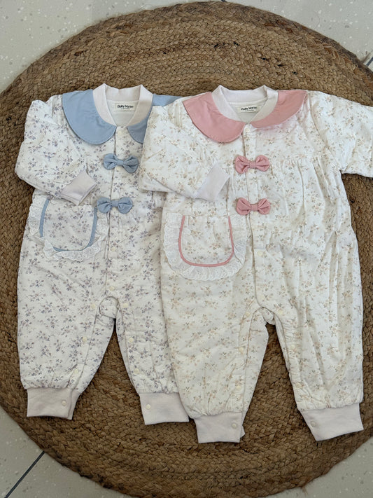 Floral Bow Collar Quilted Baby Winter Romper