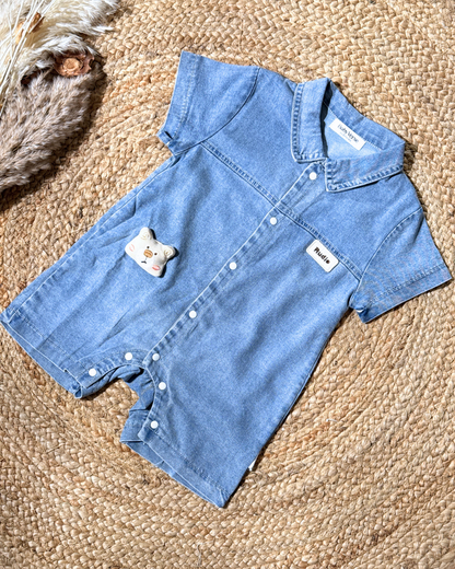 Denim Look Cotton Romper – Classic Blue