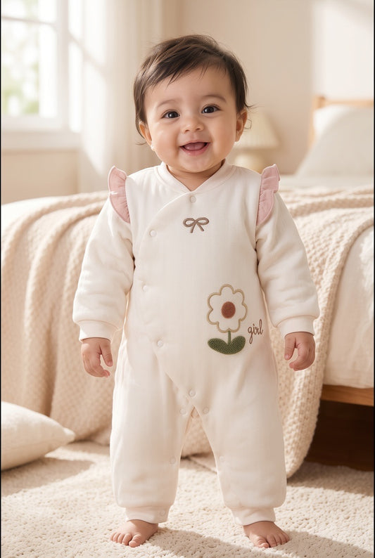 Floral Bow Embroidered Full-Sleeve Baby Winter Romper