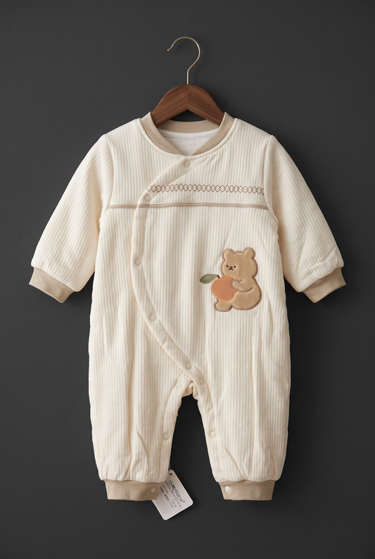 Bear Patch Ribbed Full-Sleeve Baby Winter Romper