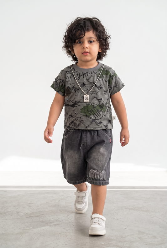 Boys Printed T-Shirt & Denim Shorts Set