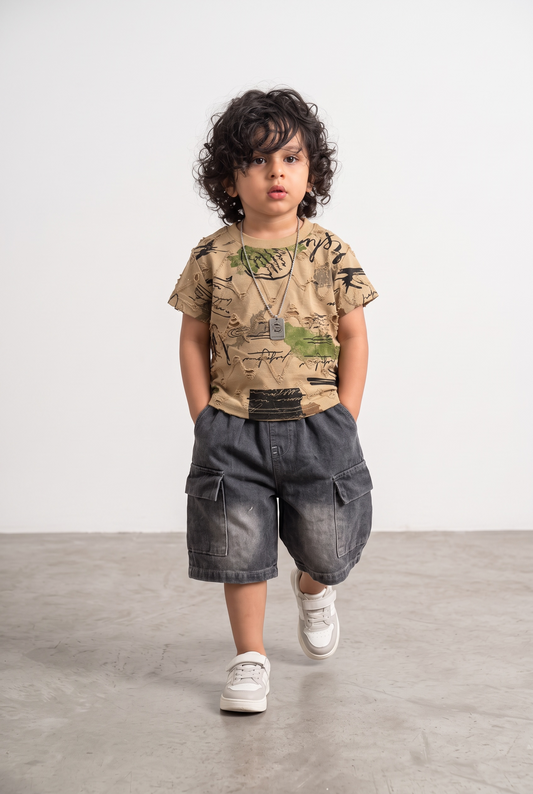 Boys Printed T-Shirt & Denim Shorts Set