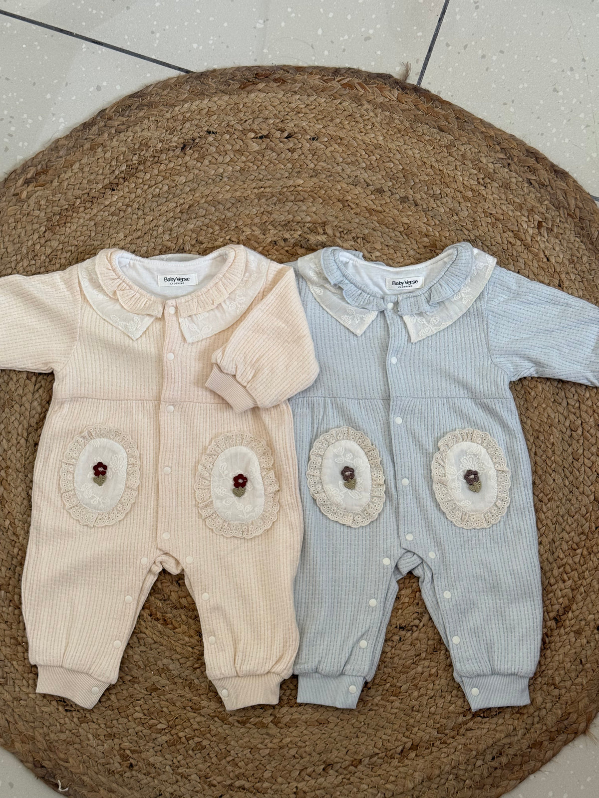 Ribbed Baby Winter Romper with Lace Collar & Floral Pockets