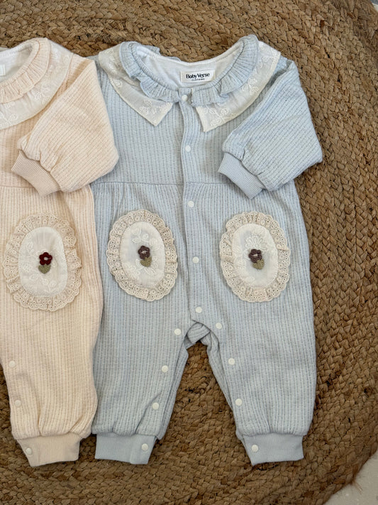 Ribbed Baby Winter Romper with Lace Collar & Floral Pockets