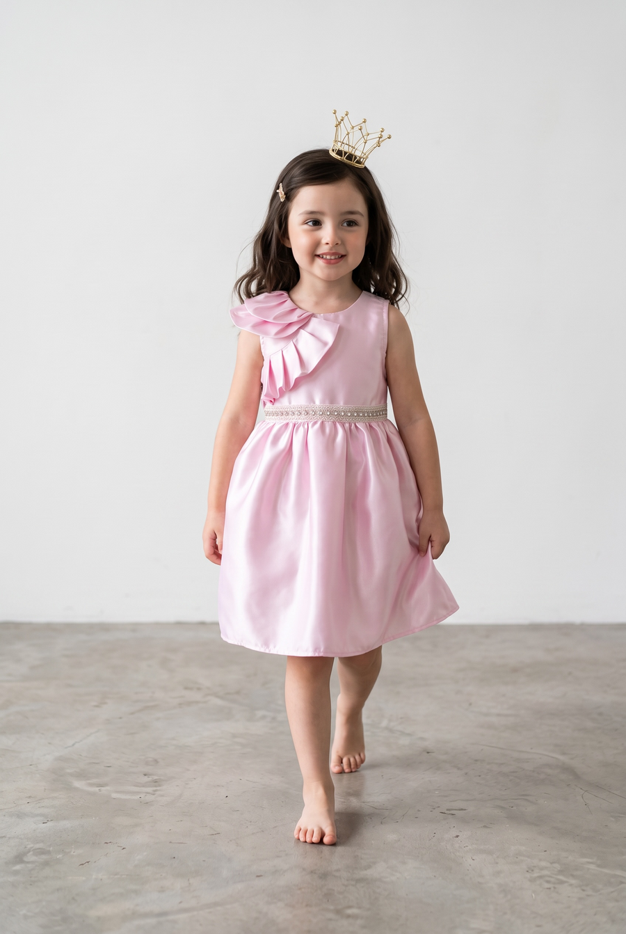Elegant Satin Princess Party Dress with Floral Ruffle