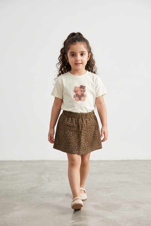 Kitty Print Leopard Skirt Set