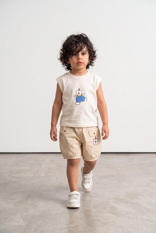 Boys Bear Print Summer Co-ord Set – Sleeveless Tee & Cotton Shorts