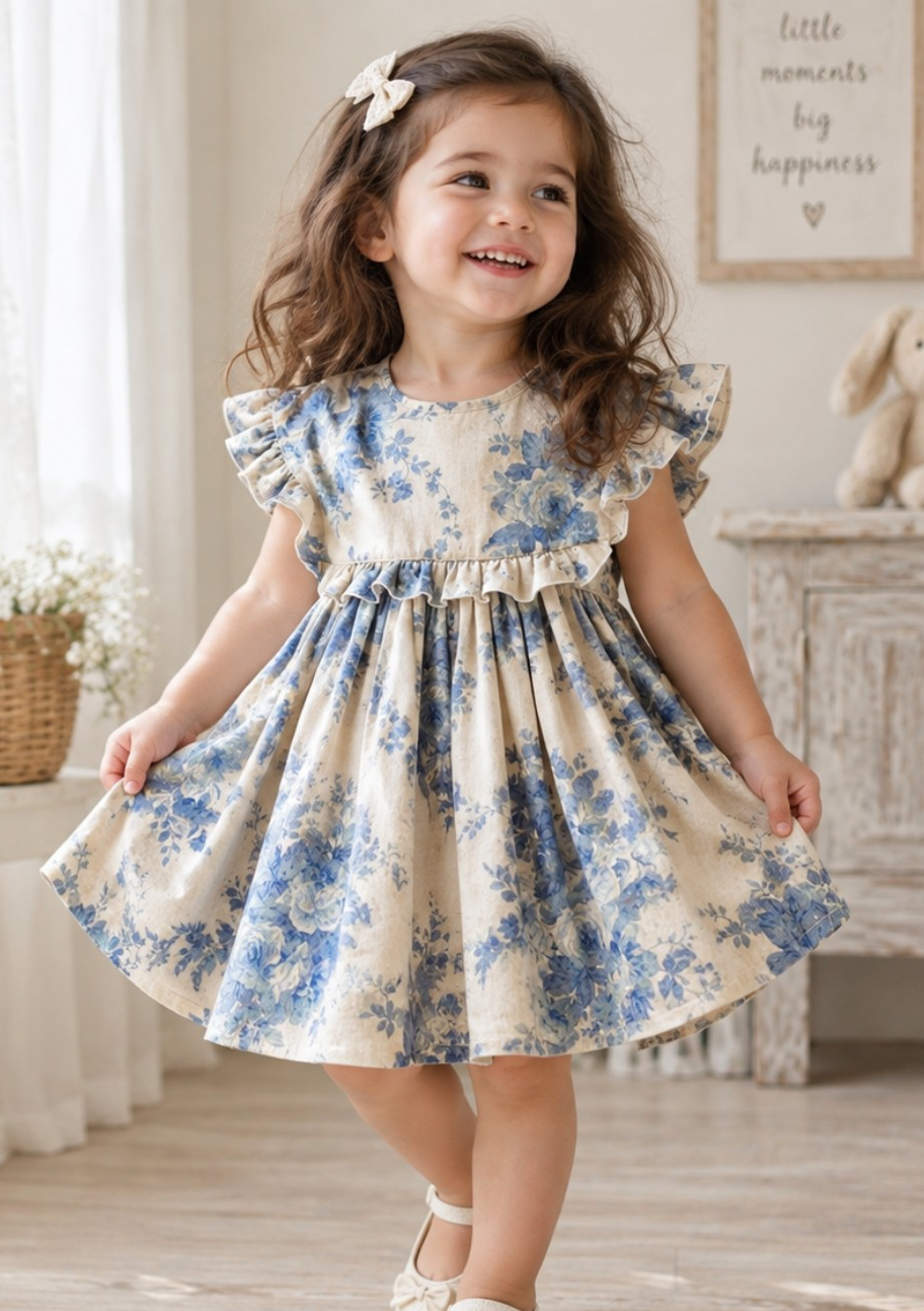 Blue Bloom Vintage Floral Ruffle Dress for Girls