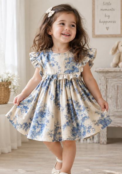 Blue Bloom Vintage Floral Ruffle Dress for Girls
